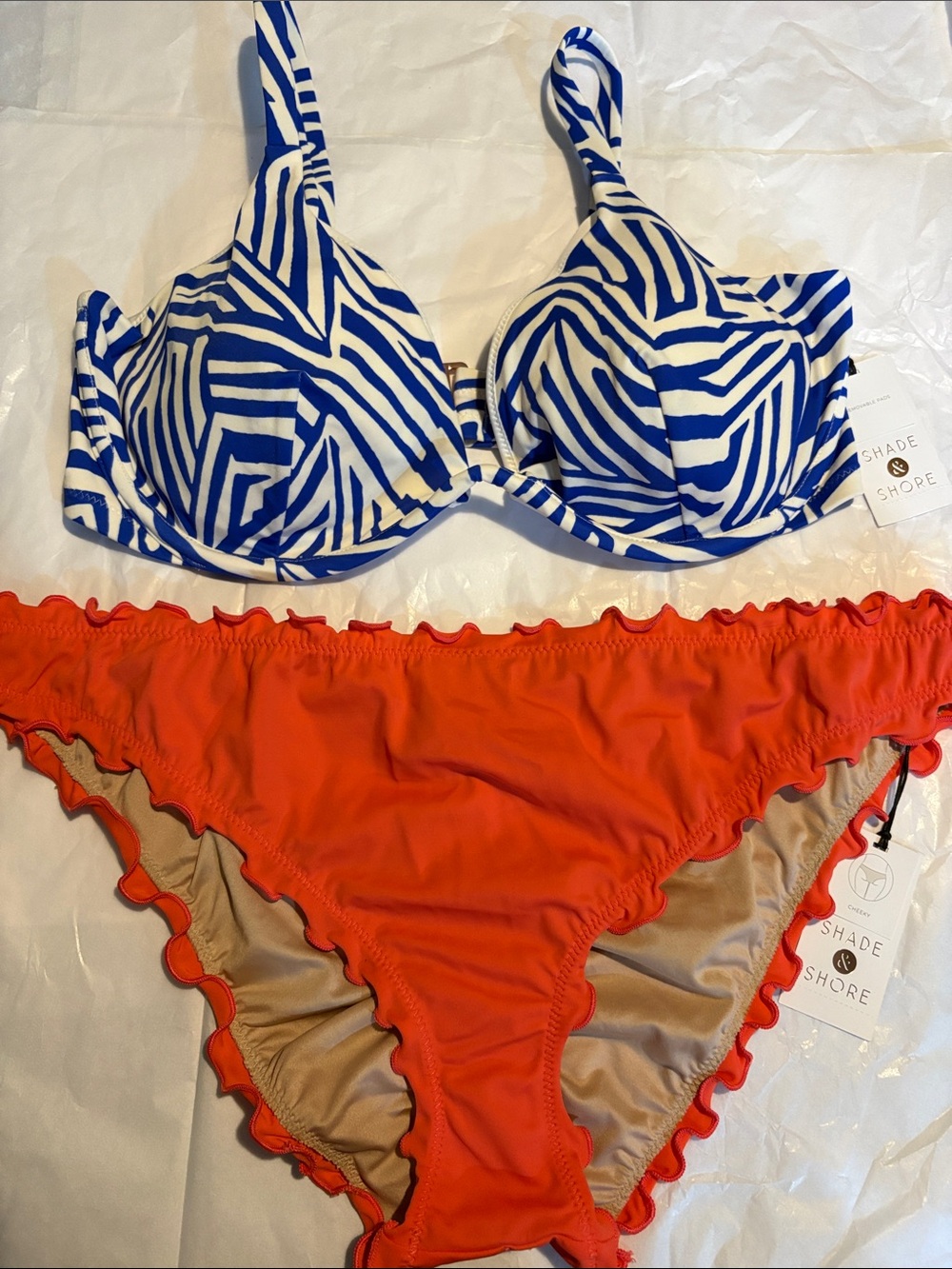 Shade & Shore Blue and White Zebra Print Bikini Top with Orange Bikini Bottom